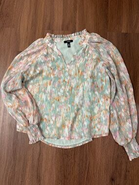 Aqua Pastel Mint Pink & Peach Ikat-Print Long Sleeve Blouse